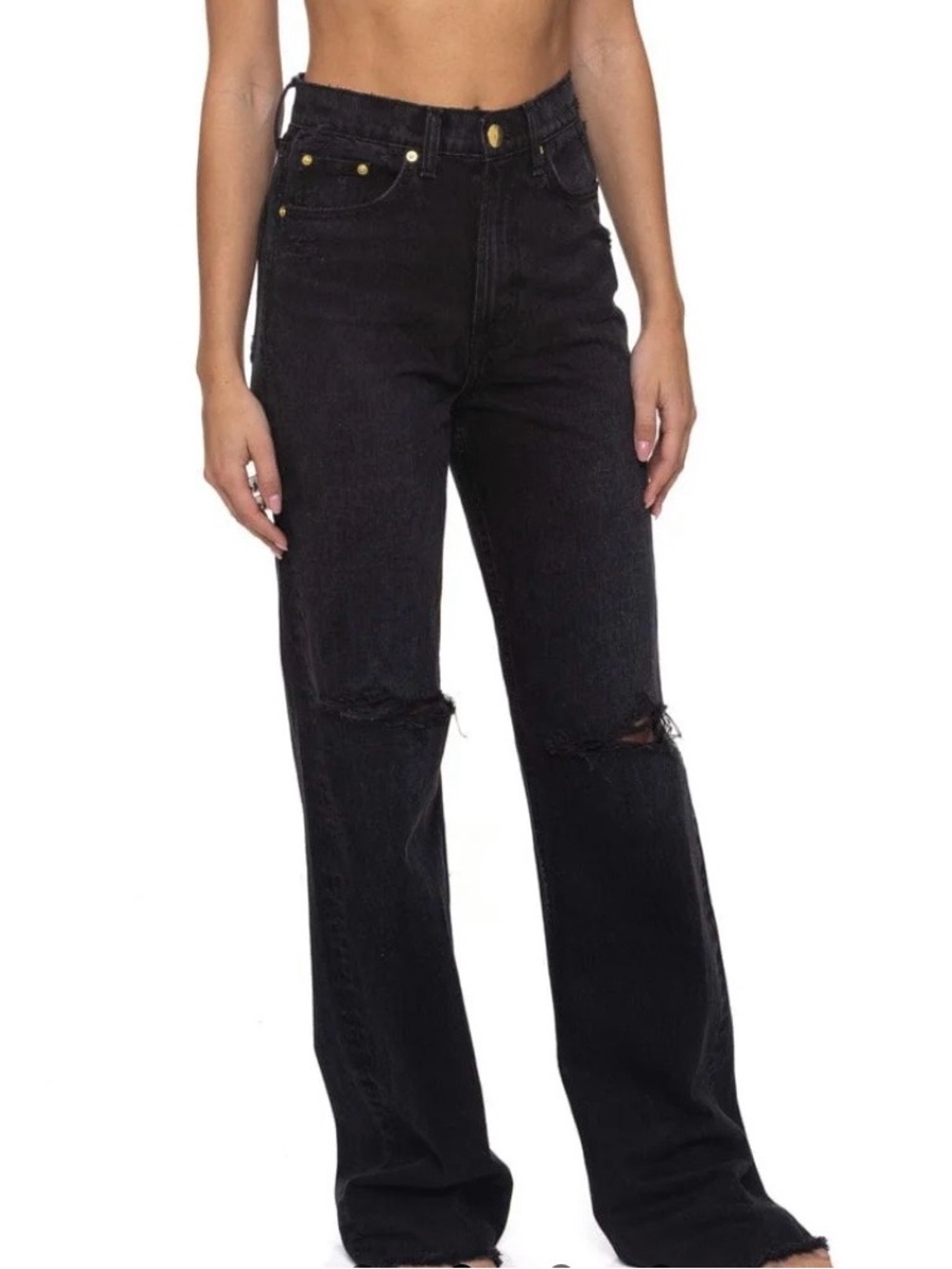 Aviator Nation Gypsy Hi Rise Wide Leg Jean Distressed Denim in Vintage Black 25 - Picture 2 of 11